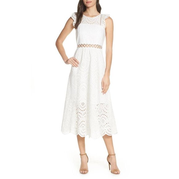 SAM EDELMAN Midi Dress White Lace Eyelet NWT 12 - Picture 1 of 10
